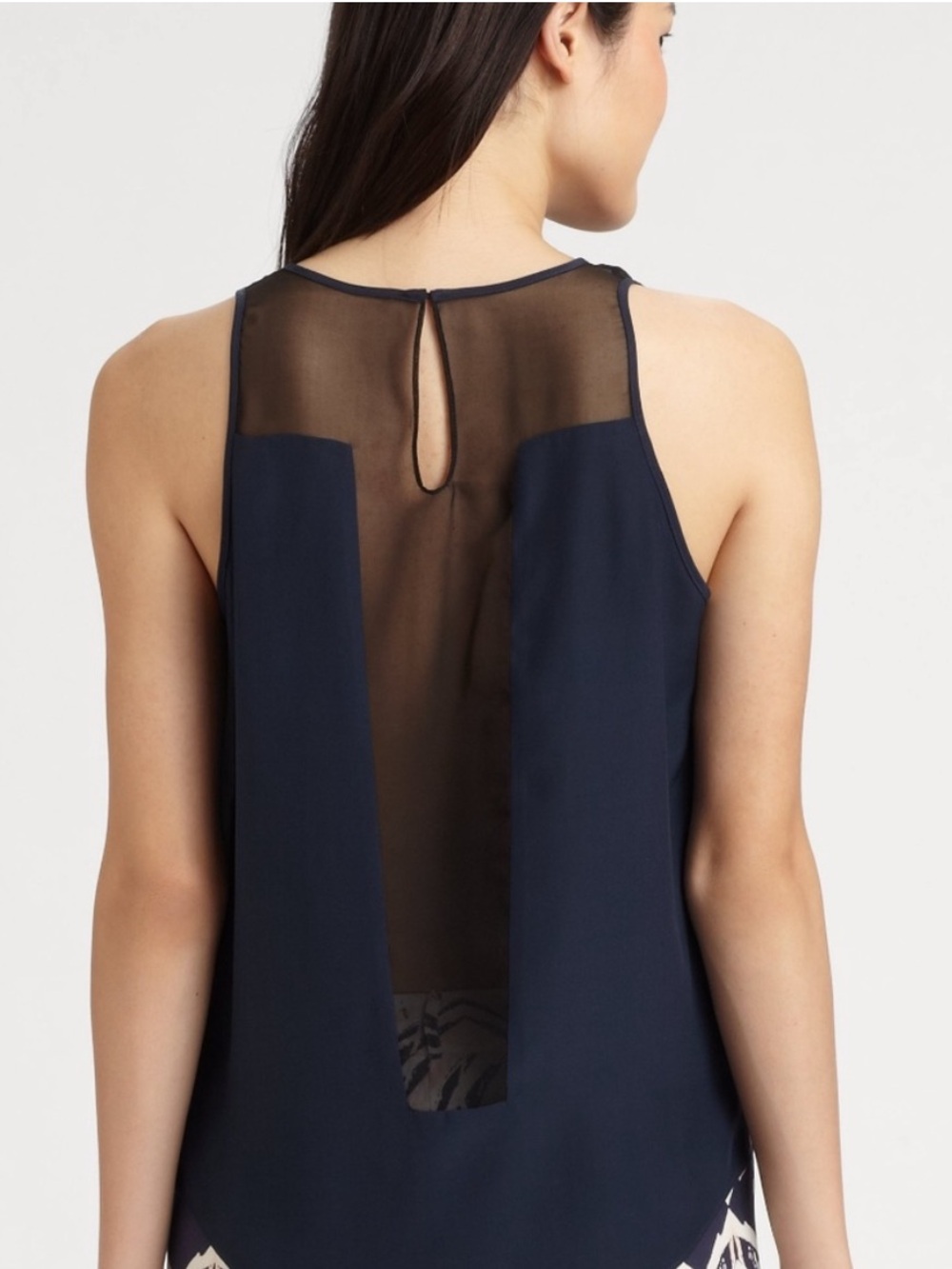 Vintage Parker Carlson 100% Silk Navy and Black Sheer Panel Blouse Size XS
